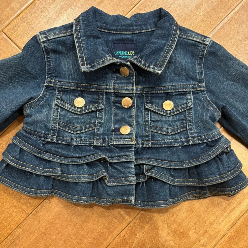 Genuine Kids Oshkosh Girls Toddler Blue Denim Jean Ruffle Snap Front Jacket 2T